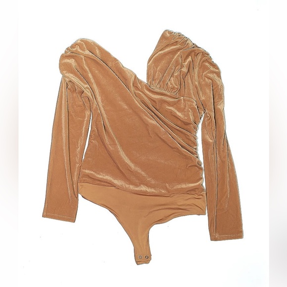 Express Tan Velvet Asymmetrical Wrap Thong Bodysuit Large - Picture 8 of 8